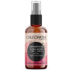 chleopatra produkt - geranium blomstervand - floral water - hydrosol i mørk ravflaske af glas med spraypumpe