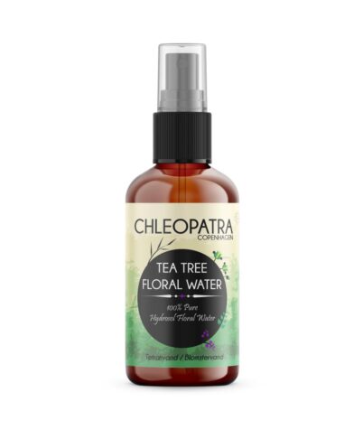 chleopatra produktbillede - tea tree blomstervand, hydrosol floral water i mørk ravflaske af glas med spraypumpe